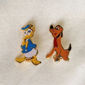 Walt Disney Productions Donald Duck & Pluto Enamel Pin Set Vintage 70s